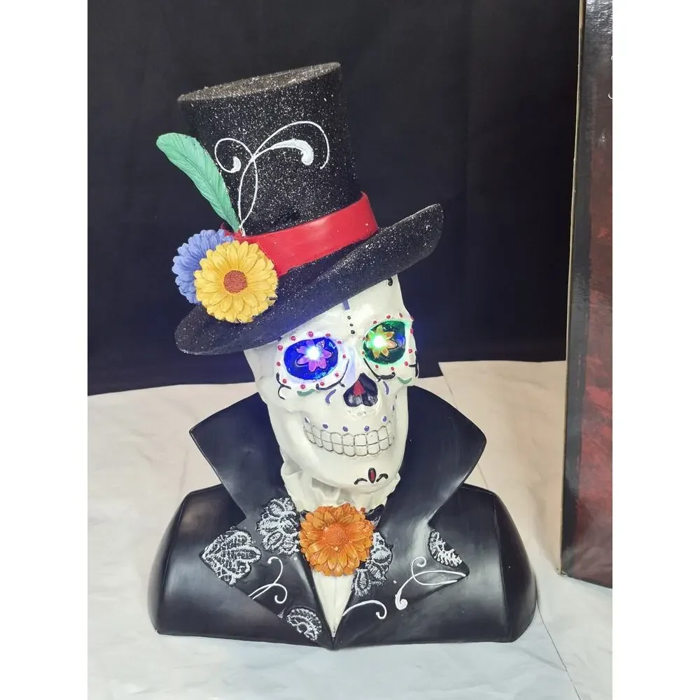 DAY OF THE DEAD SUGAR SKULL with Color Changing LED Light Eyes ~ Halloween Decor